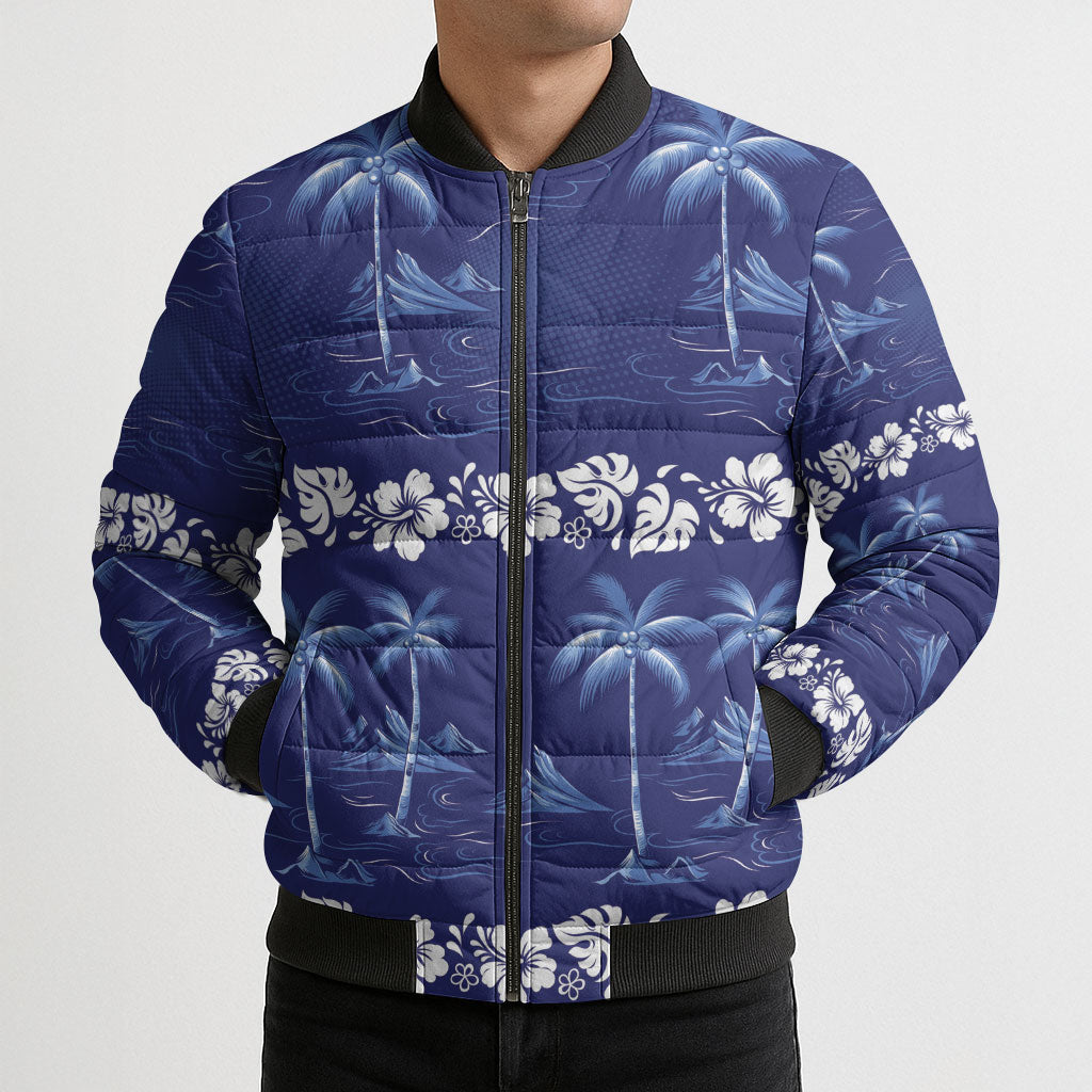 Blue Hawaii Palm Tree Hibiscus Bomber Puffer Jacket Fantasy Summer Vibe