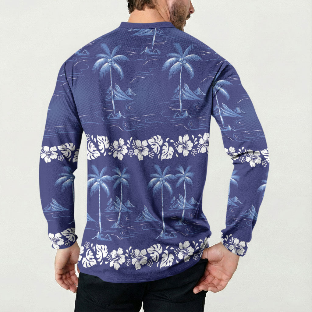 Blue Hawaii Palm Tree Hibiscus Button Sweatshirt Fantasy Summer Vibe