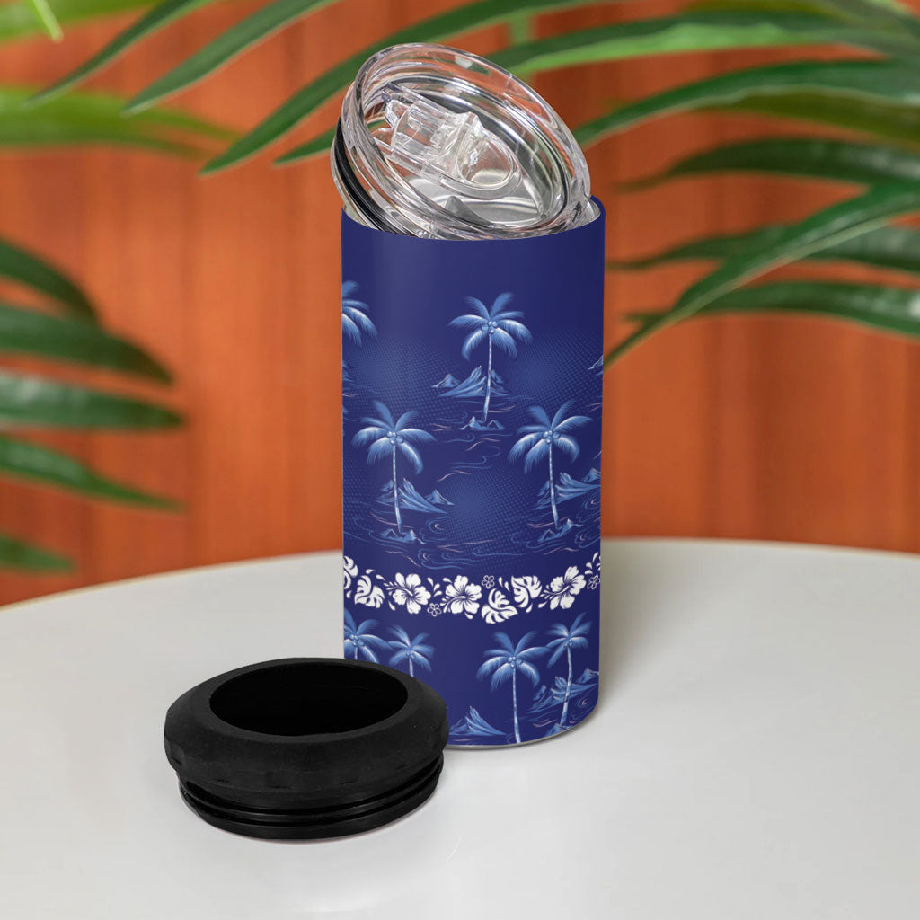 Blue Hawaii Palm Tree Hibiscus 4 in 1 Can Cooler Tumbler Fantasy Summer Vibe