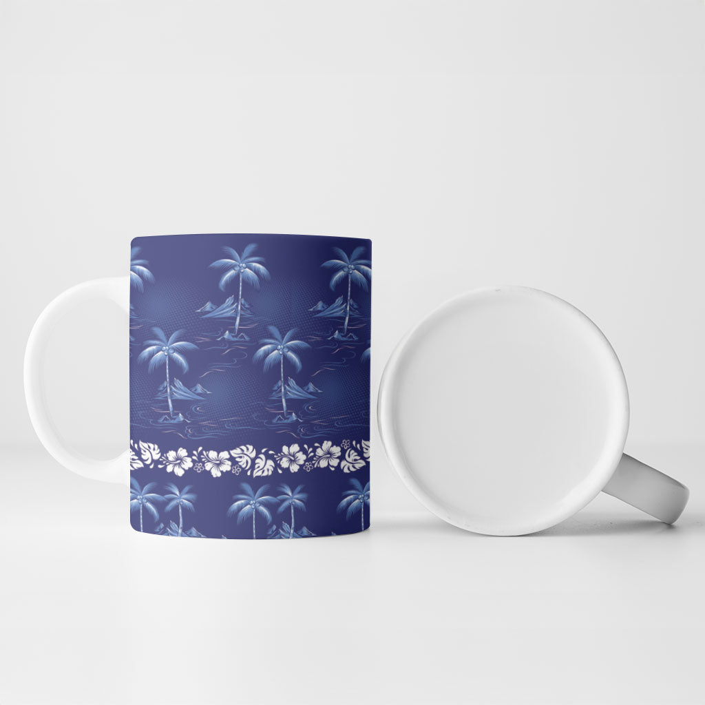 Blue Hawaii Palm Tree Hibiscus Ceramic Mug Fantasy Summer Vibe