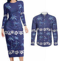 Blue Hawaii Palm Tree Hibiscus Couples Matching Long Sleeve Bodycon Dress and Long Sleeve Button Shirt Fantasy Summer Vibe
