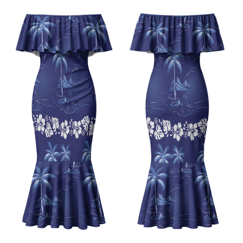 Blue Hawaii Palm Tree Hibiscus Couples Matching Mermaid Dress and Hawaiian Shirt Fantasy Summer Vibe