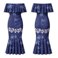 Blue Hawaii Palm Tree Hibiscus Couples Matching Mermaid Dress and Hawaiian Shirt Fantasy Summer Vibe