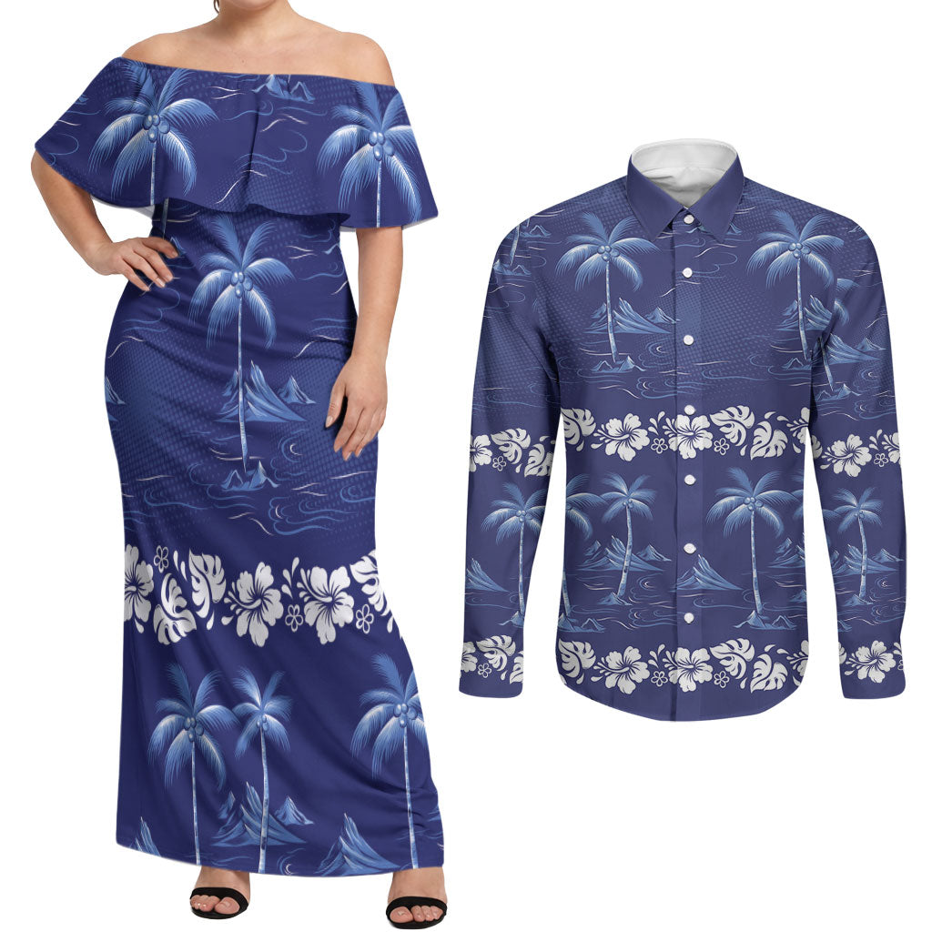 Blue Hawaii Palm Tree Hibiscus Couples Matching Off Shoulder Maxi Dress and Long Sleeve Button Shirt Fantasy Summer Vibe LT01 Blue - Polynesian Pride