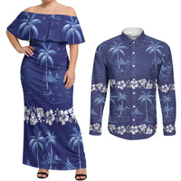 Blue Hawaii Palm Tree Hibiscus Couples Matching Off Shoulder Maxi Dress and Long Sleeve Button Shirt Fantasy Summer Vibe