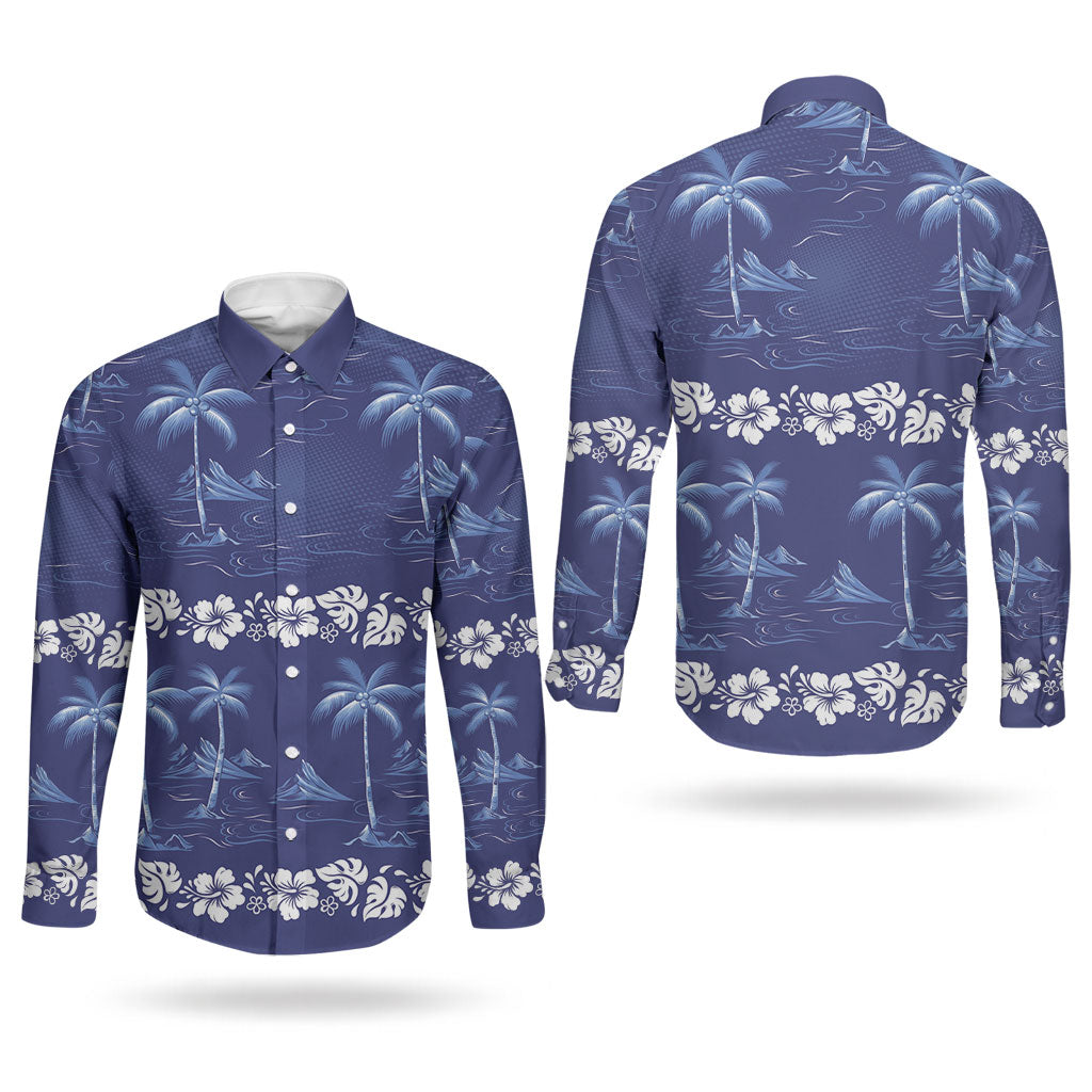 Blue Hawaii Palm Tree Hibiscus Couples Matching Off Shoulder Maxi Dress and Long Sleeve Button Shirt Fantasy Summer Vibe