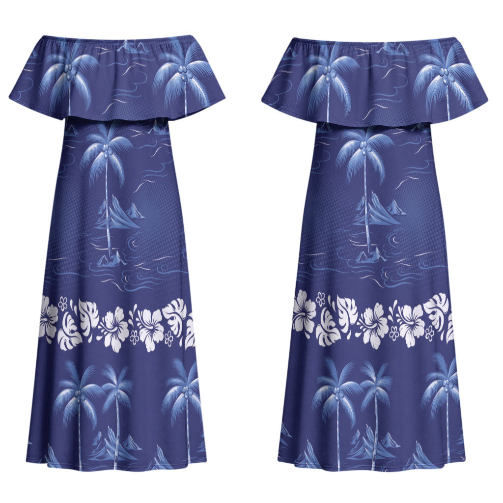 Blue Hawaii Palm Tree Hibiscus Couples Matching Off Shoulder Maxi Dress and Long Sleeve Button Shirt Fantasy Summer Vibe