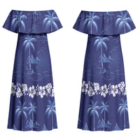 Blue Hawaii Palm Tree Hibiscus Couples Matching Off Shoulder Maxi Dress and Long Sleeve Button Shirt Fantasy Summer Vibe