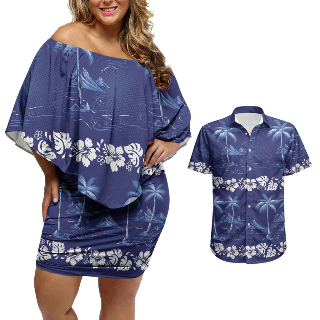 Blue Hawaii Palm Tree Hibiscus Couples Matching Off Shoulder Short Dress and Hawaiian Shirt Fantasy Summer Vibe LT01 Blue - Polynesian Pride