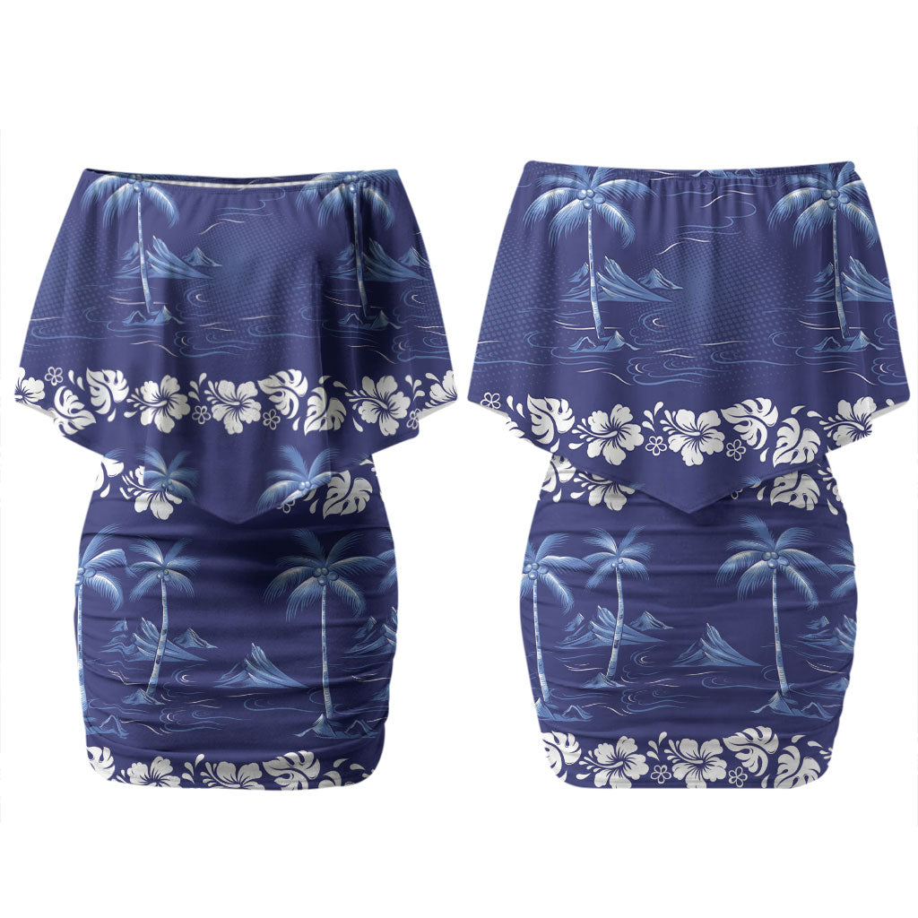 Blue Hawaii Palm Tree Hibiscus Couples Matching Off Shoulder Short Dress and Hawaiian Shirt Fantasy Summer Vibe
