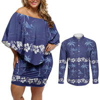 Blue Hawaii Palm Tree Hibiscus Couples Matching Off Shoulder Short Dress and Long Sleeve Button Shirt Fantasy Summer Vibe