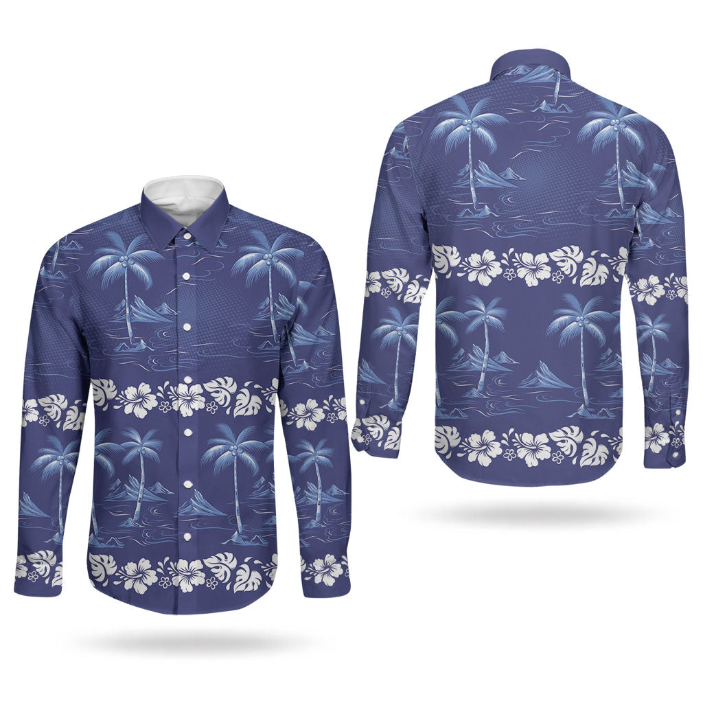 Blue Hawaii Palm Tree Hibiscus Couples Matching Off Shoulder Short Dress and Long Sleeve Button Shirt Fantasy Summer Vibe