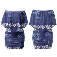 Blue Hawaii Palm Tree Hibiscus Couples Matching Off Shoulder Short Dress and Long Sleeve Button Shirt Fantasy Summer Vibe