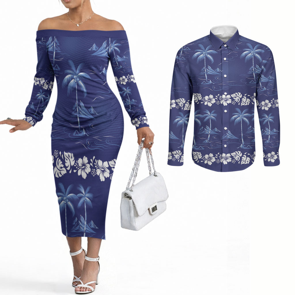 Blue Hawaii Palm Tree Hibiscus Couples Matching Off The Shoulder Long Sleeve Dress and Long Sleeve Button Shirt Fantasy Summer Vibe