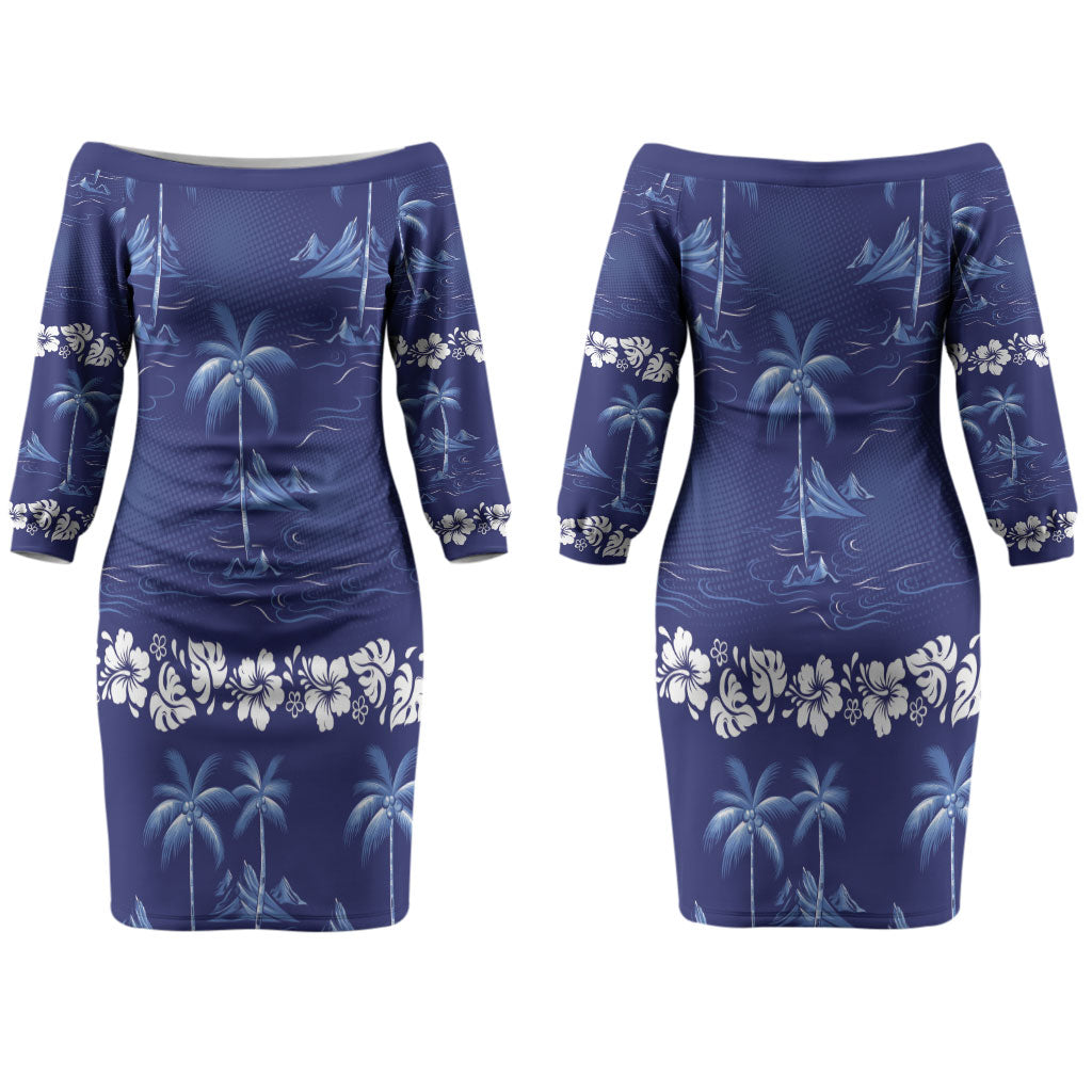 Blue Hawaii Palm Tree Hibiscus Couples Matching Off The Shoulder Long Sleeve Dress and Long Sleeve Button Shirt Fantasy Summer Vibe