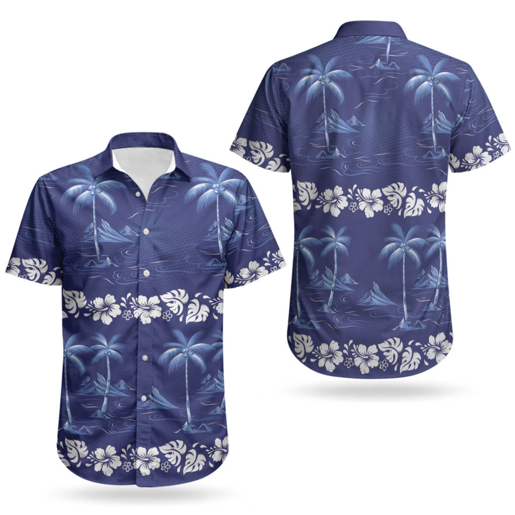 Blue Hawaii Palm Tree Hibiscus Couples Matching Puletasi and Hawaiian Shirt Fantasy Summer Vibe