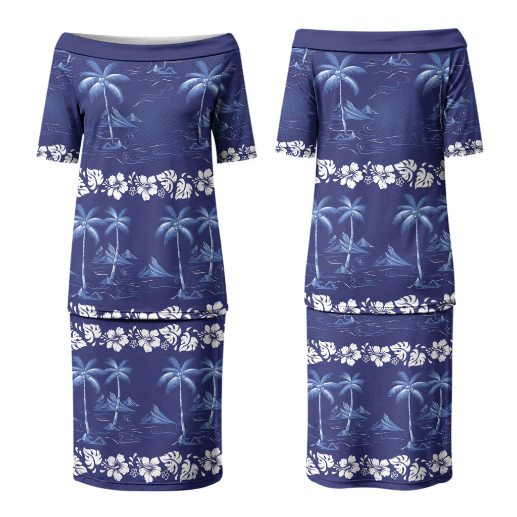 Blue Hawaii Palm Tree Hibiscus Couples Matching Puletasi and Hawaiian Shirt Fantasy Summer Vibe