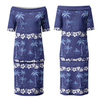 Blue Hawaii Palm Tree Hibiscus Couples Matching Puletasi and Hawaiian Shirt Fantasy Summer Vibe