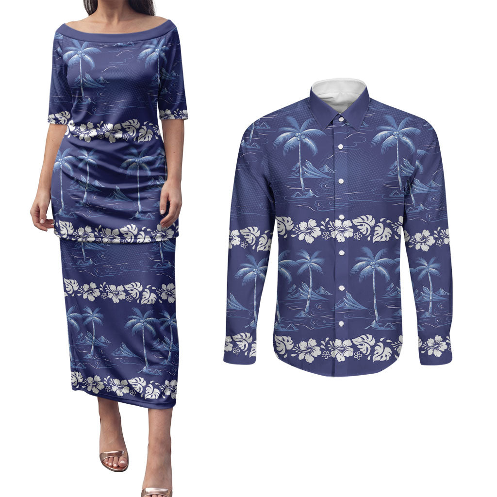 Blue Hawaii Palm Tree Hibiscus Couples Matching Puletasi and Long Sleeve Button Shirt Fantasy Summer Vibe