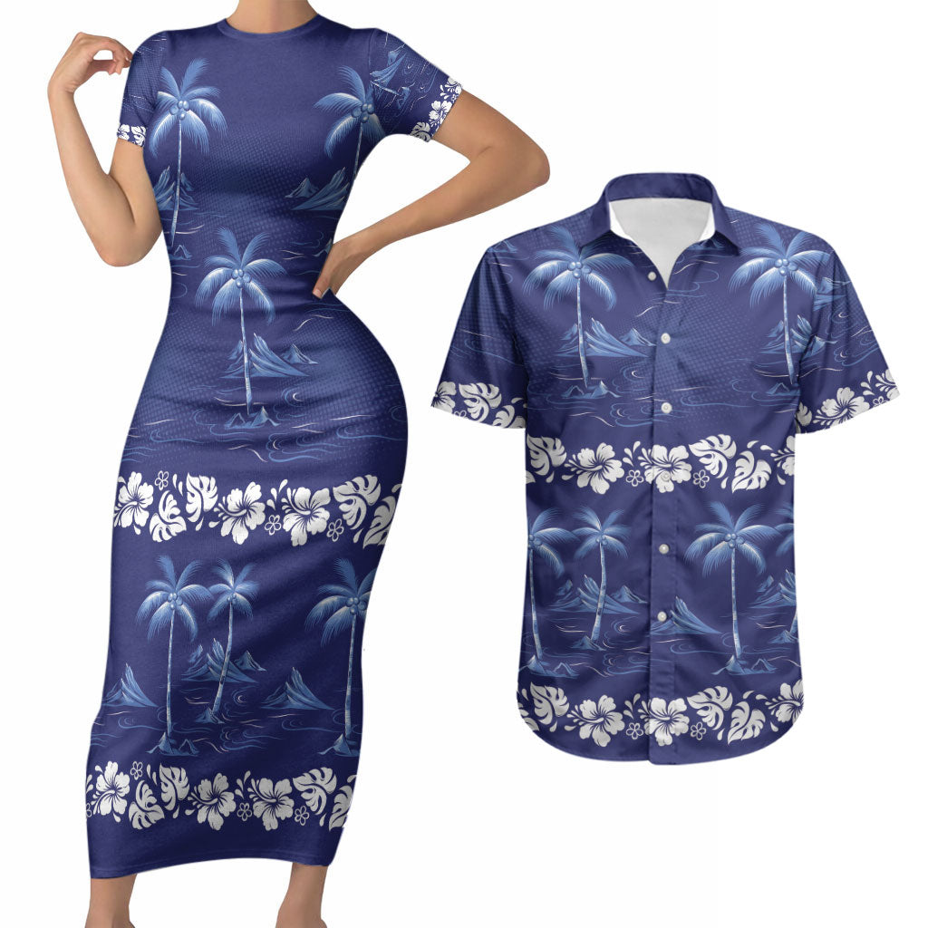 Blue Hawaii Palm Tree Hibiscus Couples Matching Short Sleeve Bodycon Dress and Hawaiian Shirt Fantasy Summer Vibe