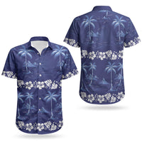 Blue Hawaii Palm Tree Hibiscus Couples Matching Short Sleeve Bodycon Dress and Hawaiian Shirt Fantasy Summer Vibe