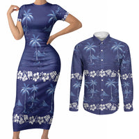 Blue Hawaii Palm Tree Hibiscus Couples Matching Short Sleeve Bodycon Dress and Long Sleeve Button Shirt Fantasy Summer Vibe