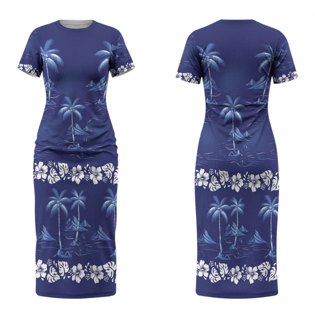 Blue Hawaii Palm Tree Hibiscus Couples Matching Short Sleeve Bodycon Dress and Long Sleeve Button Shirt Fantasy Summer Vibe