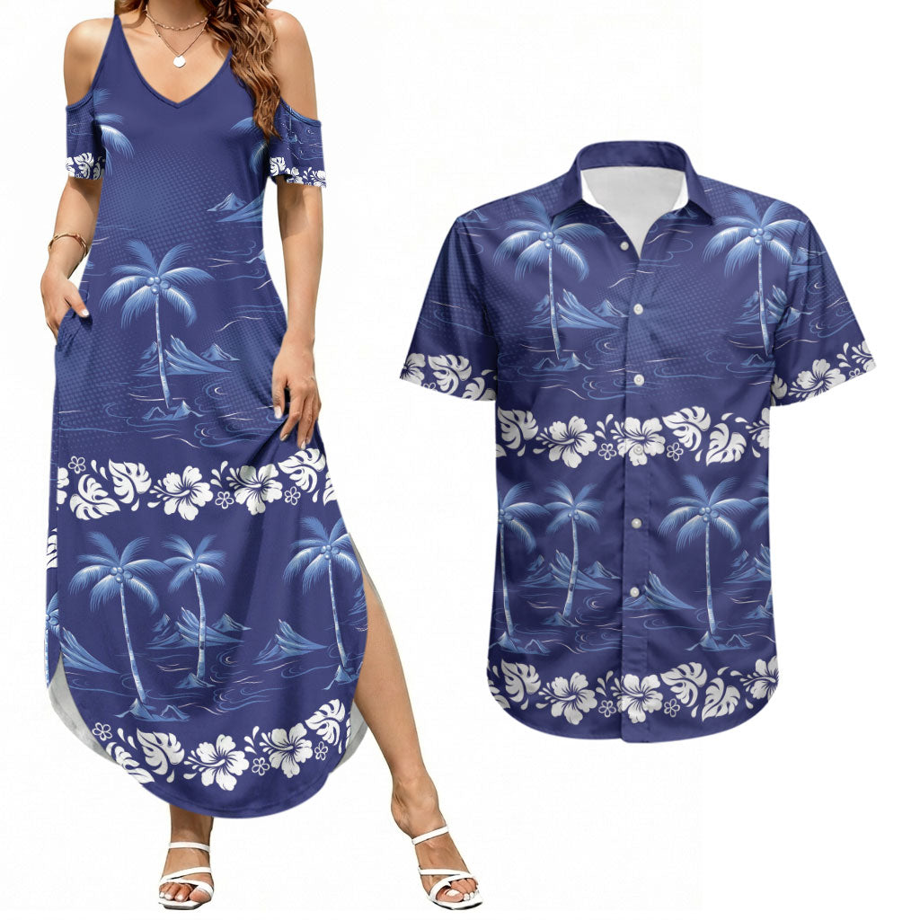 Blue Hawaii Palm Tree Hibiscus Couples Matching Summer Maxi Dress and Hawaiian Shirt Fantasy Summer Vibe