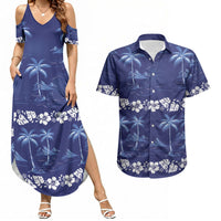 Blue Hawaii Palm Tree Hibiscus Couples Matching Summer Maxi Dress and Hawaiian Shirt Fantasy Summer Vibe