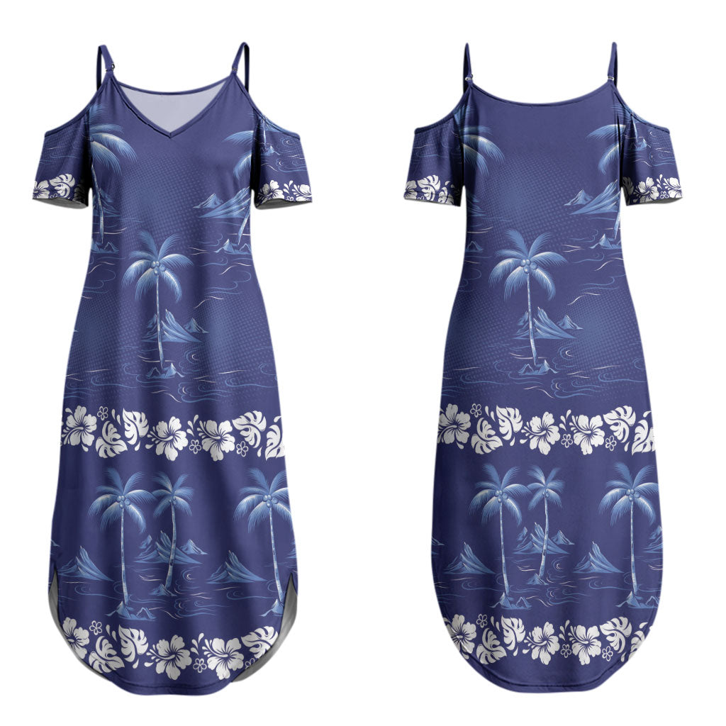Blue Hawaii Palm Tree Hibiscus Couples Matching Summer Maxi Dress and Hawaiian Shirt Fantasy Summer Vibe