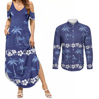 Blue Hawaii Palm Tree Hibiscus Couples Matching Summer Maxi Dress and Long Sleeve Button Shirt Fantasy Summer Vibe