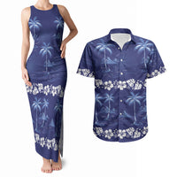 Blue Hawaii Palm Tree Hibiscus Couples Matching Tank Maxi Dress and Hawaiian Shirt Fantasy Summer Vibe