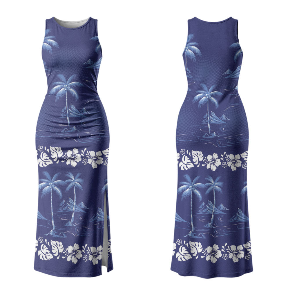 Blue Hawaii Palm Tree Hibiscus Couples Matching Tank Maxi Dress and Hawaiian Shirt Fantasy Summer Vibe