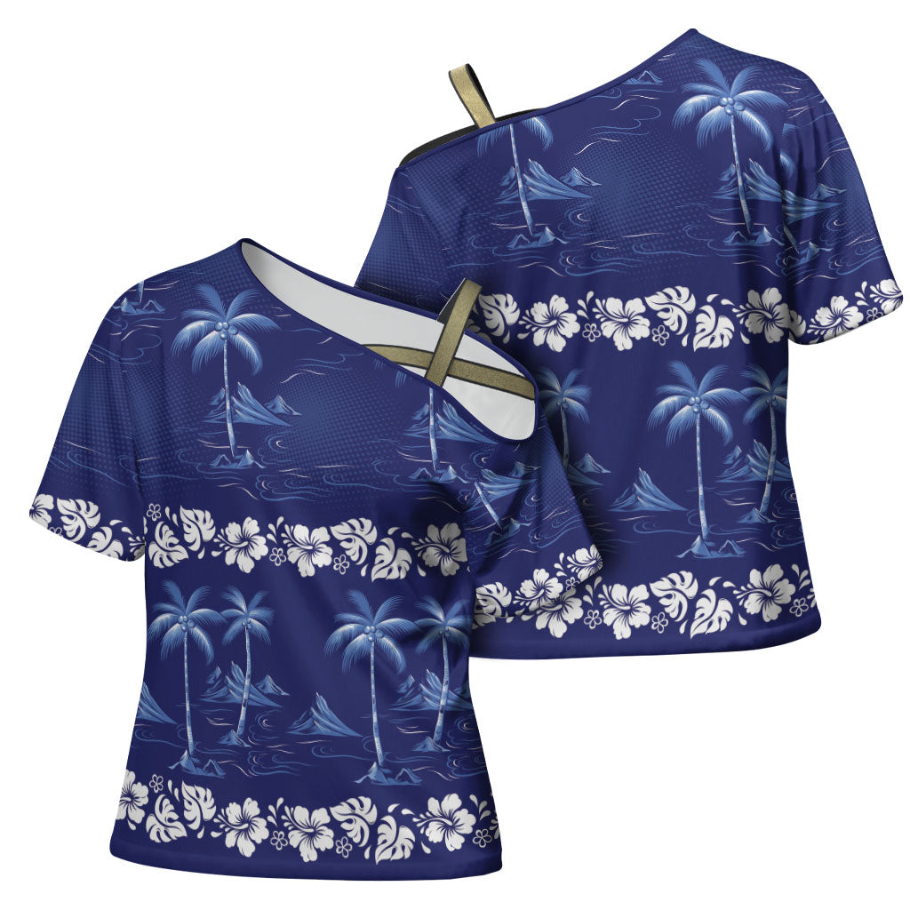 Blue Hawaii Palm Tree Hibiscus Cross Shoulder Shirt Fantasy Summer Vibe