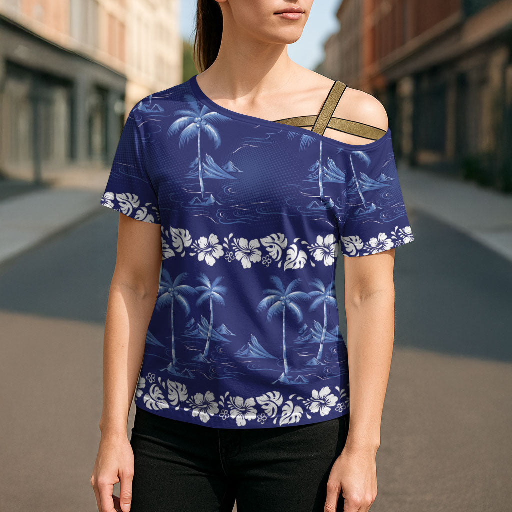 Blue Hawaii Palm Tree Hibiscus Cross Shoulder Shirt Fantasy Summer Vibe