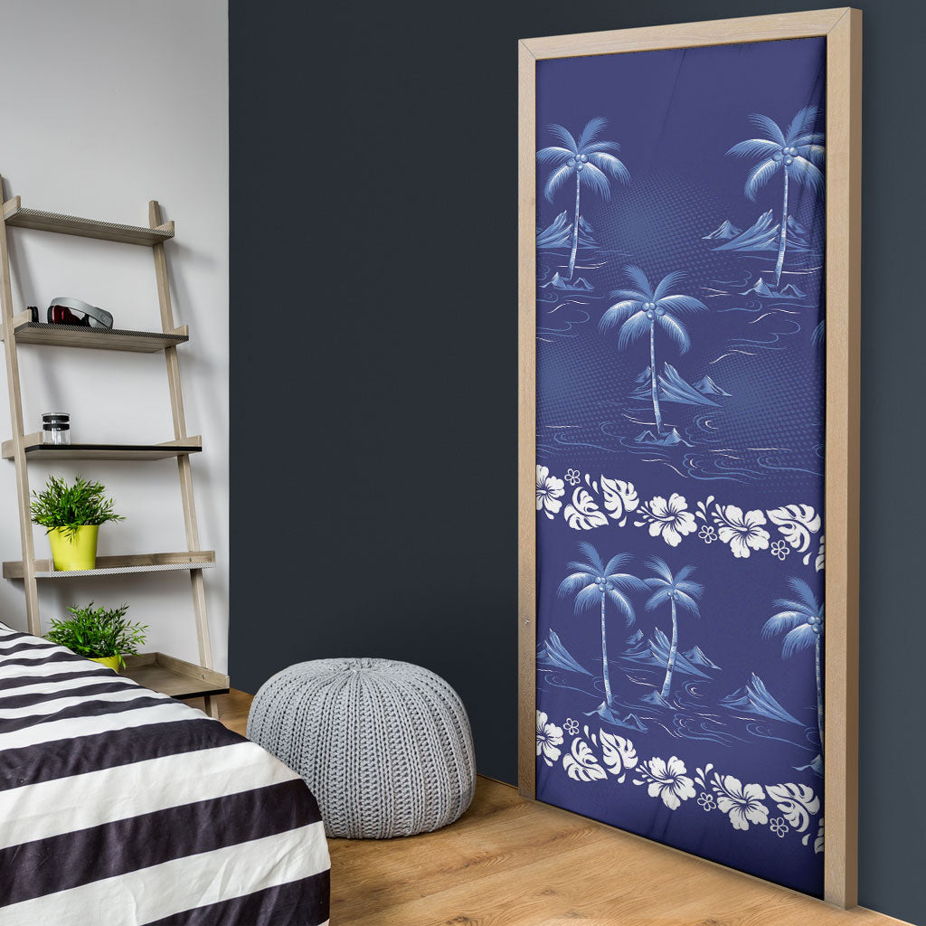 Blue Hawaii Palm Tree Hibiscus Door Cover Fantasy Summer Vibe