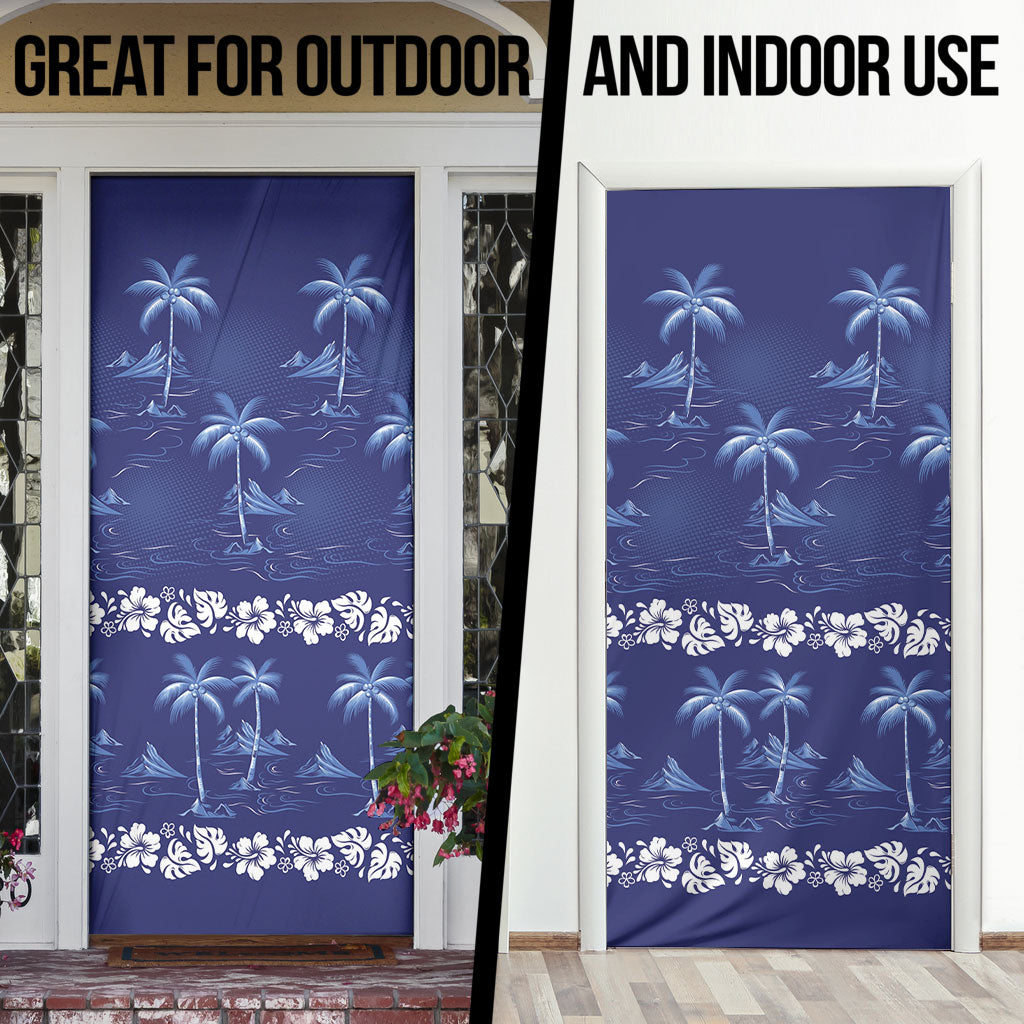 Blue Hawaii Palm Tree Hibiscus Door Cover Fantasy Summer Vibe