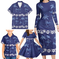 Blue Hawaii Palm Tree Hibiscus Family Matching Long Sleeve Bodycon Dress and Hawaiian Shirt Fantasy Summer Vibe