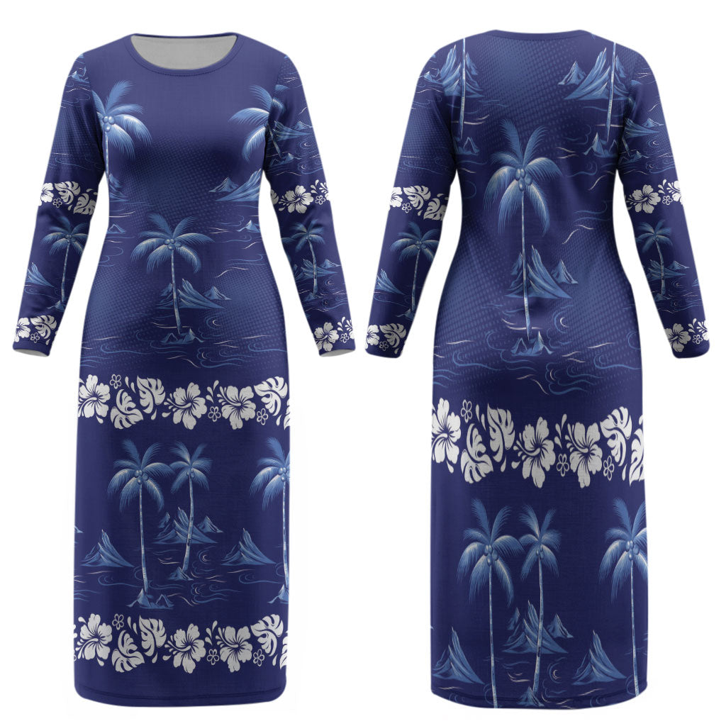 Blue Hawaii Palm Tree Hibiscus Family Matching Long Sleeve Bodycon Dress and Hawaiian Shirt Fantasy Summer Vibe