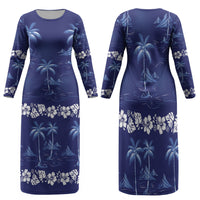 Blue Hawaii Palm Tree Hibiscus Family Matching Long Sleeve Bodycon Dress and Hawaiian Shirt Fantasy Summer Vibe