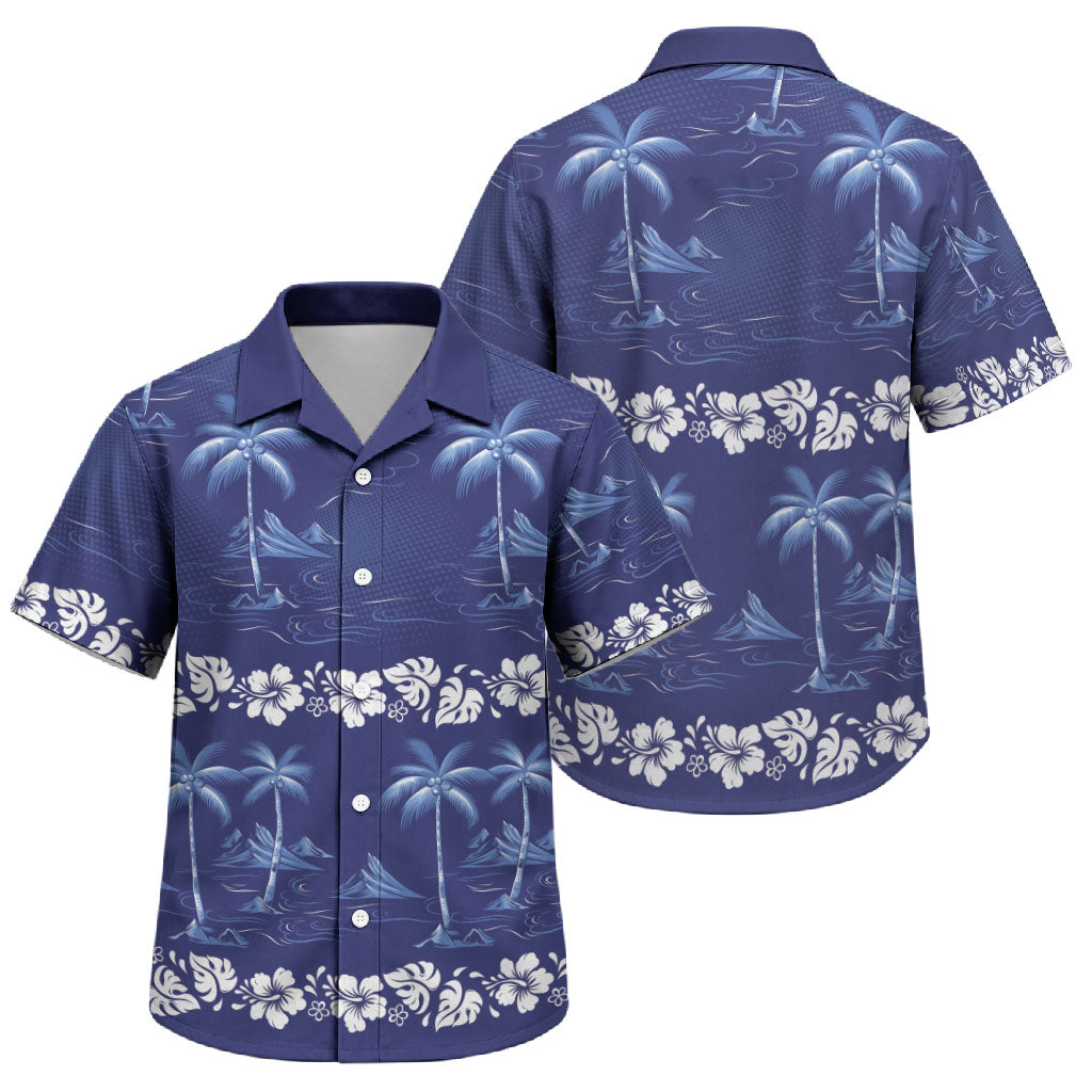 Blue Hawaii Palm Tree Hibiscus Family Matching Long Sleeve Bodycon Dress and Hawaiian Shirt Fantasy Summer Vibe