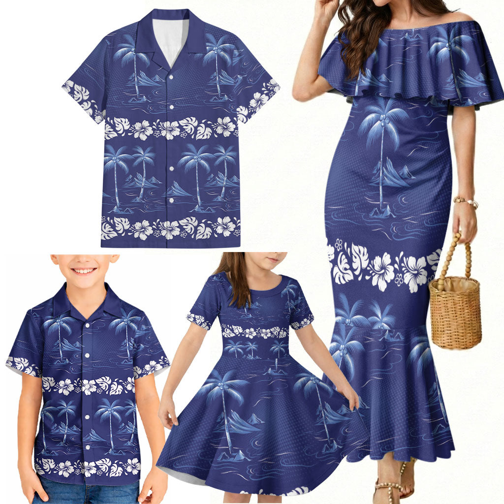 Blue Hawaii Palm Tree Hibiscus Family Matching Mermaid Dress and Hawaiian Shirt Fantasy Summer Vibe
