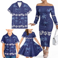 Blue Hawaii Palm Tree Hibiscus Family Matching Off The Shoulder Long Sleeve Dress and Hawaiian Shirt Fantasy Summer Vibe