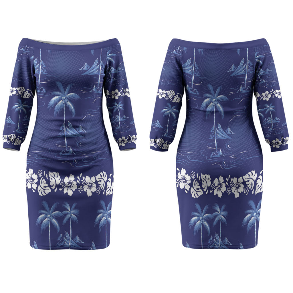 Blue Hawaii Palm Tree Hibiscus Family Matching Off The Shoulder Long Sleeve Dress and Hawaiian Shirt Fantasy Summer Vibe