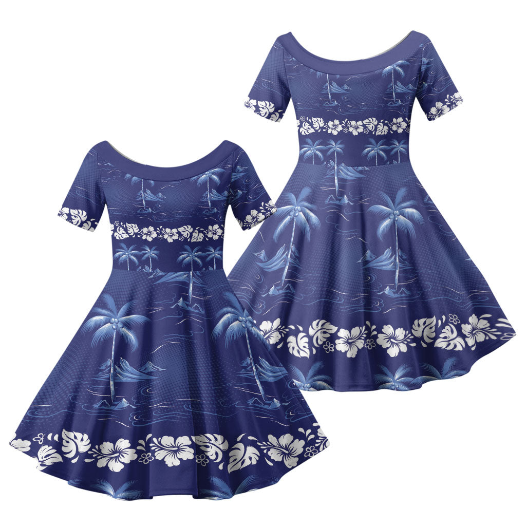 Blue Hawaii Palm Tree Hibiscus Family Matching Off The Shoulder Long Sleeve Dress and Hawaiian Shirt Fantasy Summer Vibe