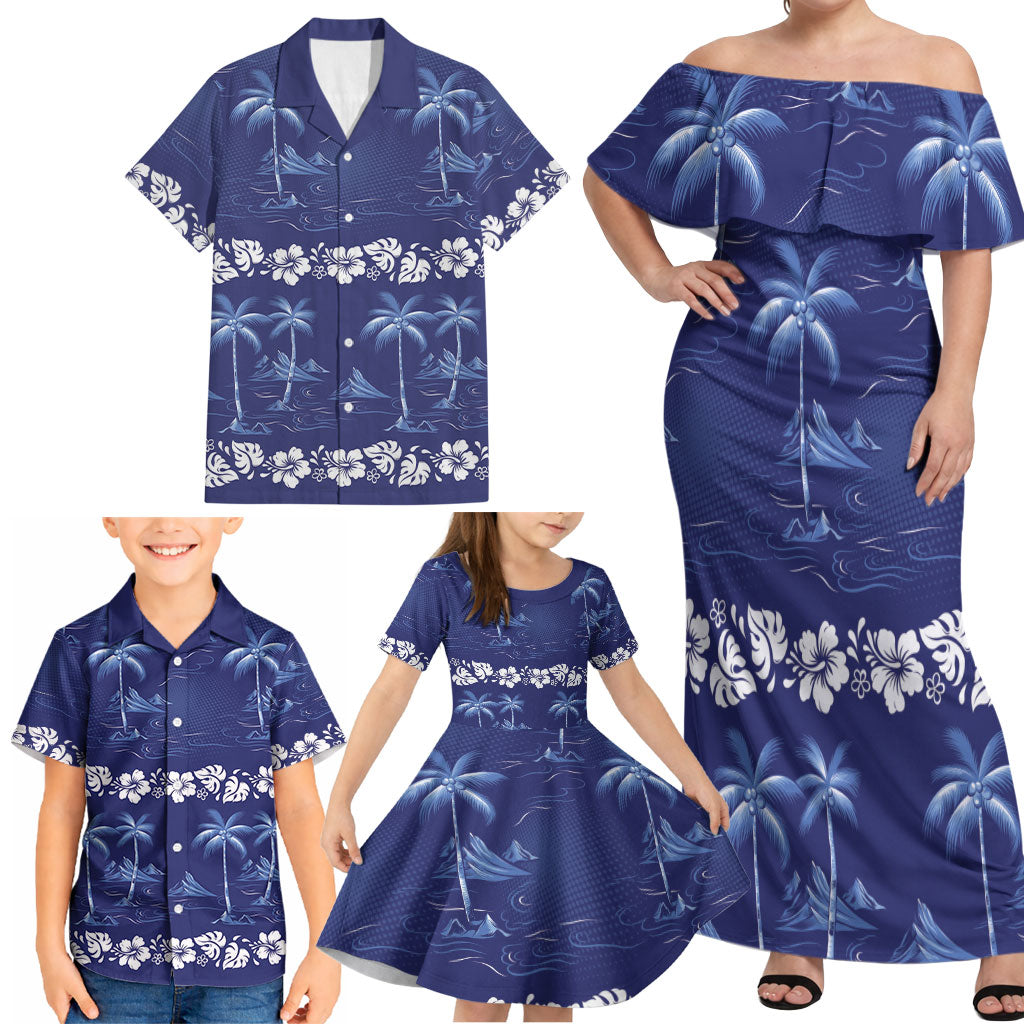 Blue Hawaii Palm Tree Hibiscus Family Matching Off Shoulder Maxi Dress and Hawaiian Shirt Fantasy Summer Vibe