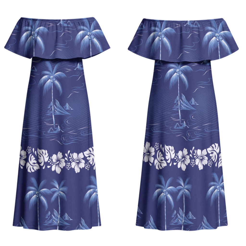 Blue Hawaii Palm Tree Hibiscus Family Matching Off Shoulder Maxi Dress and Hawaiian Shirt Fantasy Summer Vibe