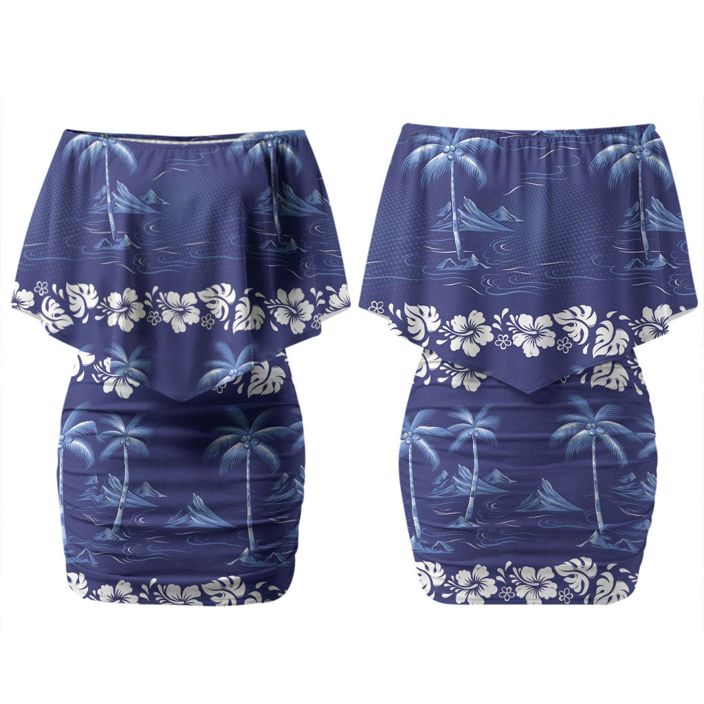 Blue Hawaii Palm Tree Hibiscus Family Matching Off Shoulder Short Dress and Hawaiian Shirt Fantasy Summer Vibe