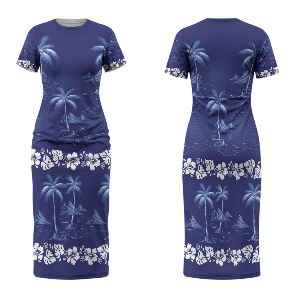 Blue Hawaii Palm Tree Hibiscus Family Matching Short Sleeve Bodycon Dress and Hawaiian Shirt Fantasy Summer Vibe