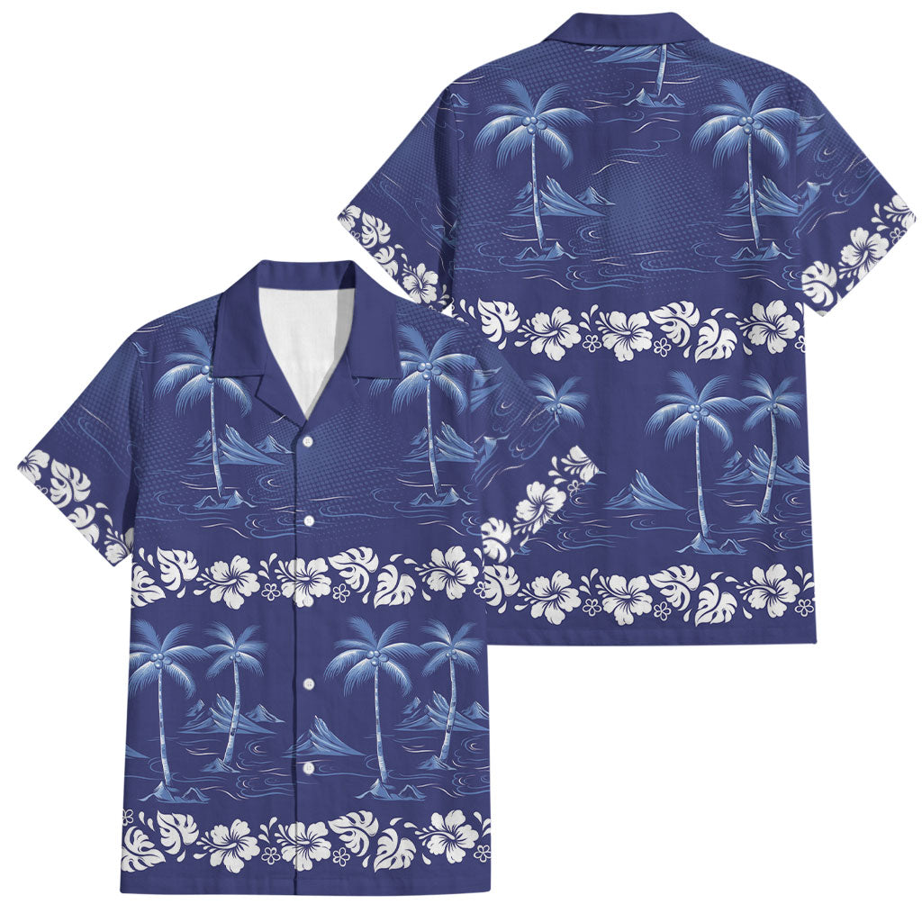 Blue Hawaii Palm Tree Hibiscus Family Matching Short Sleeve Bodycon Dress and Hawaiian Shirt Fantasy Summer Vibe